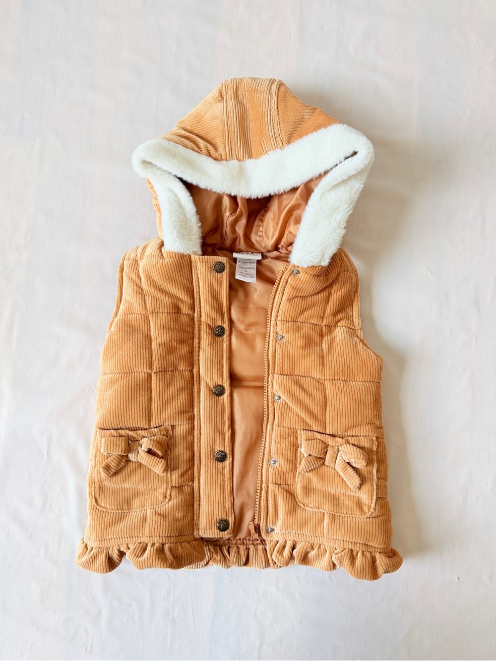 Nicole Miller hooded corduroy puffer Vest camel quilted bow kid's size 5